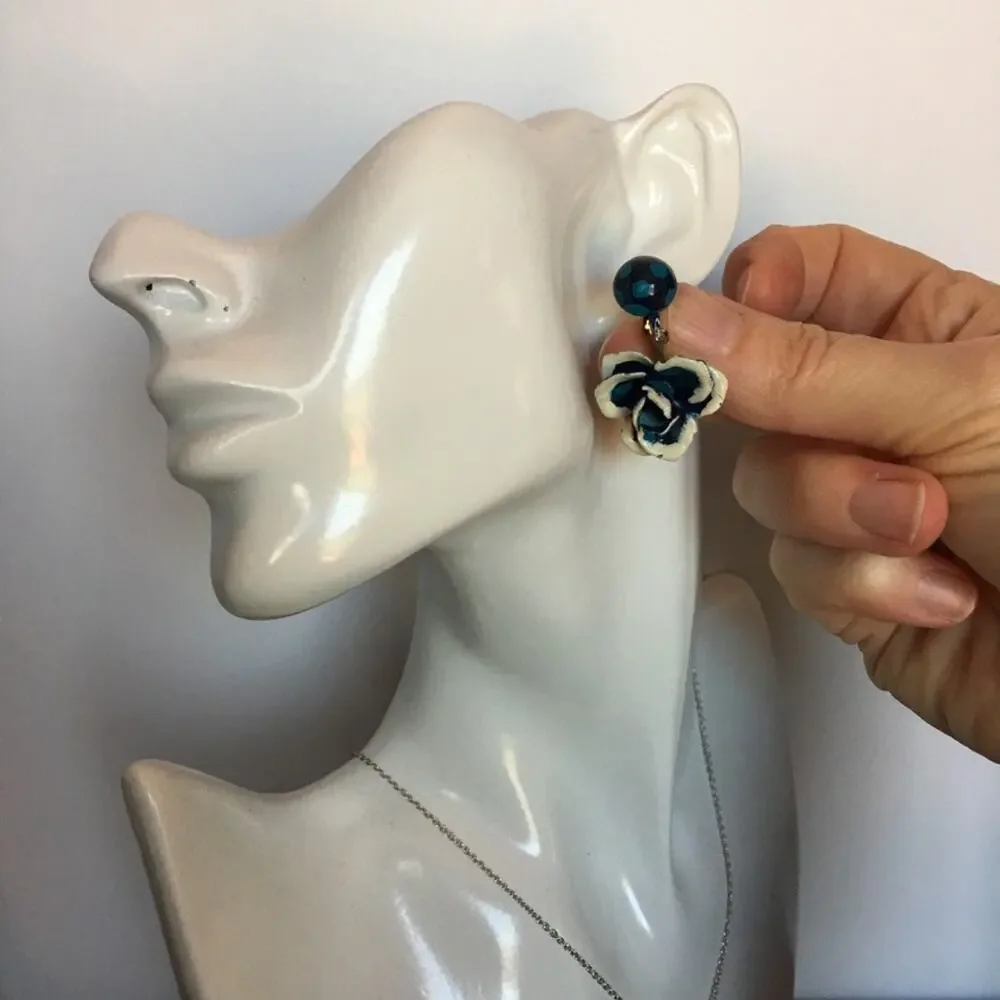 Vintage hand-painted blue pansy clip-on earrings